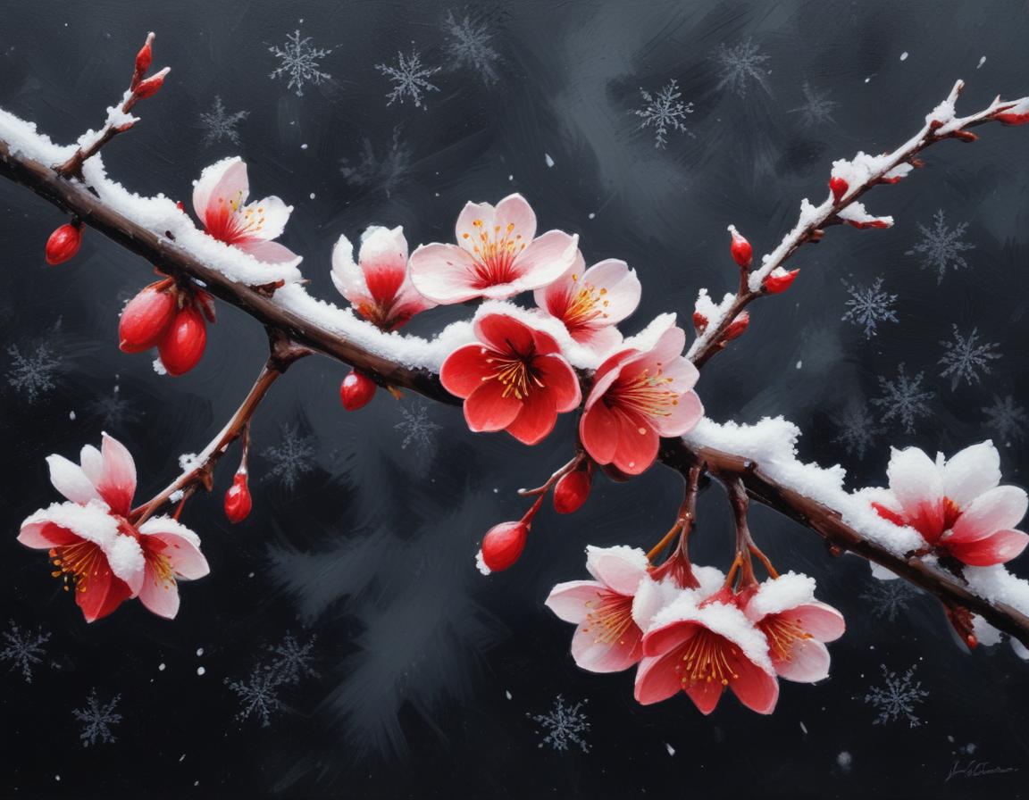 Pink and red flowers bloom on a snowy branch Pink and red flowers bloom on a snowy branch