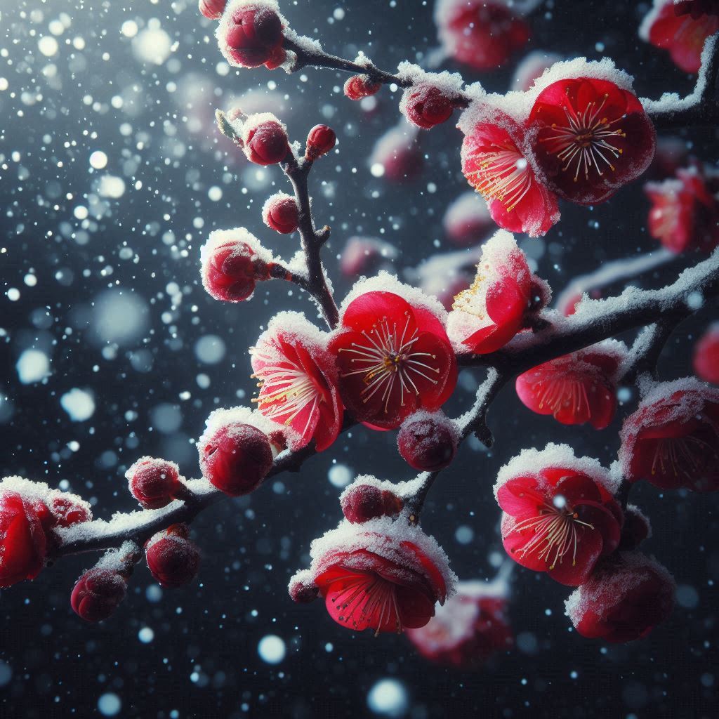 Red flowers bloom under a snowfall Red flowers bloom under a snowfall