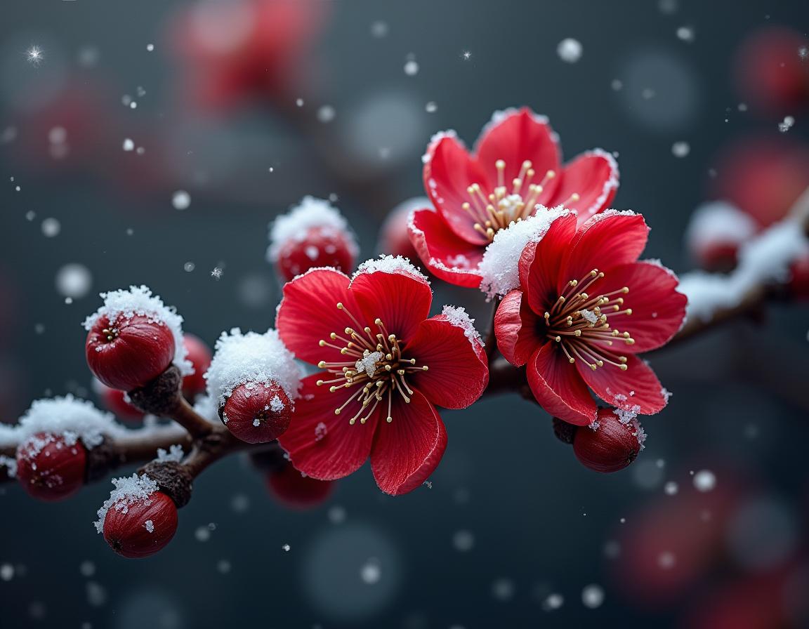 Red flowers bloom in the snow Red flowers bloom in the snow