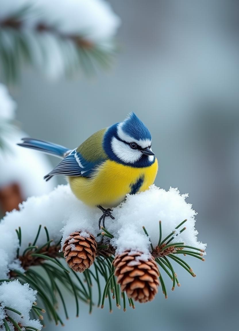 A blue tit perches on a snow-covered pine branch A blue tit perches on a snow-covered pine branch
