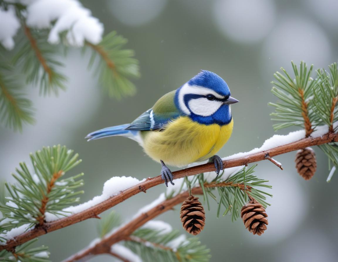 A blue tit perches on a snowy pine branch A blue tit perches on a snowy pine branch