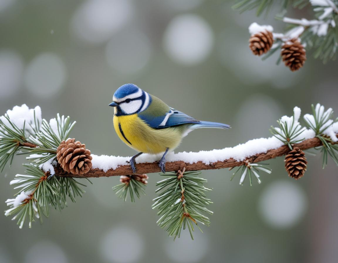 A blue tit perches on a snowy branch A blue tit perches on a snowy branch
