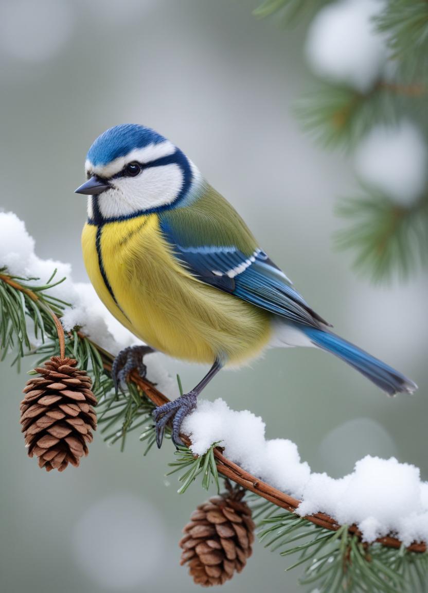 A blue tit perched on a snow-covered branch A blue tit perched on a snow-covered branch
