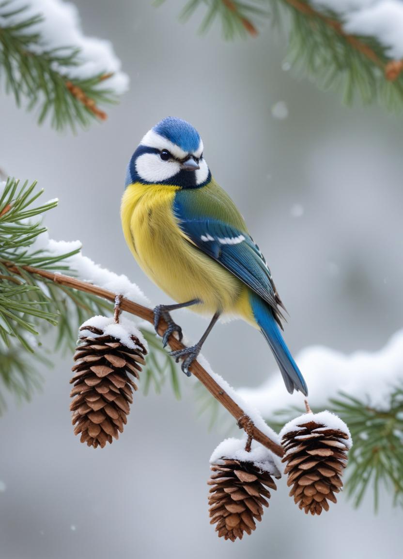 A blue tit perched on a snowy pine branch A blue tit perched on a snowy pine branch