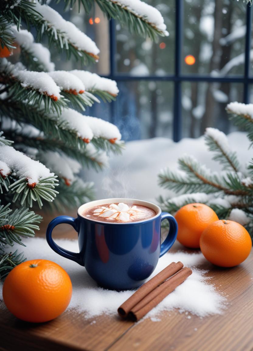 A warm mug of hot chocolate with marshmallows on a snowy day A warm mug of hot chocolate with marshmallows on a snowy day