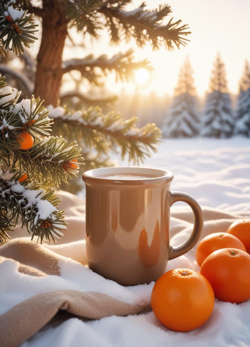 A warm mug of coffee on a snowy winter morning A warm mug of coffee on a snowy winter morning