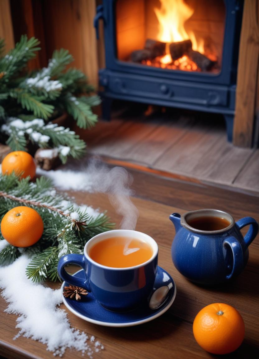 A warm cup of tea by the fireplace on a snowy day A warm cup of tea by the fireplace on a snowy day