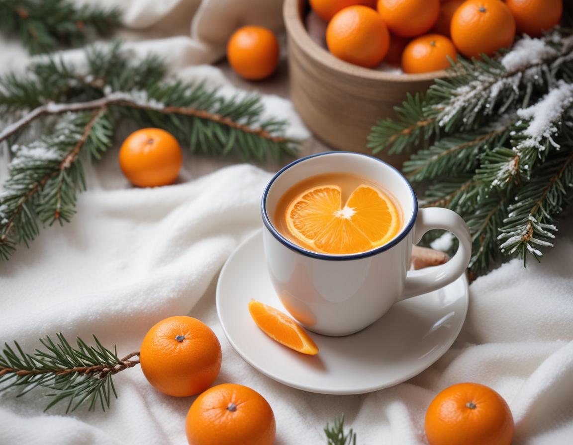 Tea with an orange slice, tangerines, and pine Tea with an orange slice, tangerines, and pine