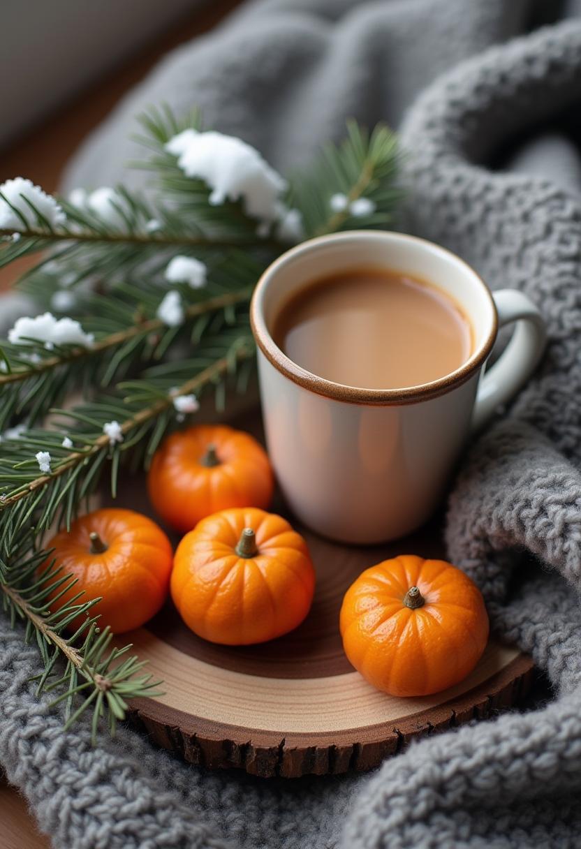 A cup of coffee with pumpkins and pine on a cozy blanket A cup of coffee with pumpkins and pine on a cozy blanket