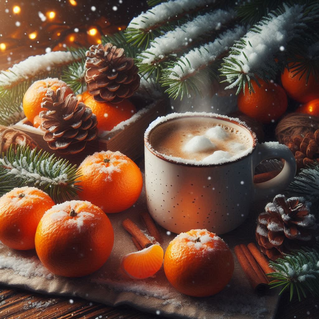 A mug of cocoa rests near oranges in the snow A mug of cocoa rests near oranges in the snow