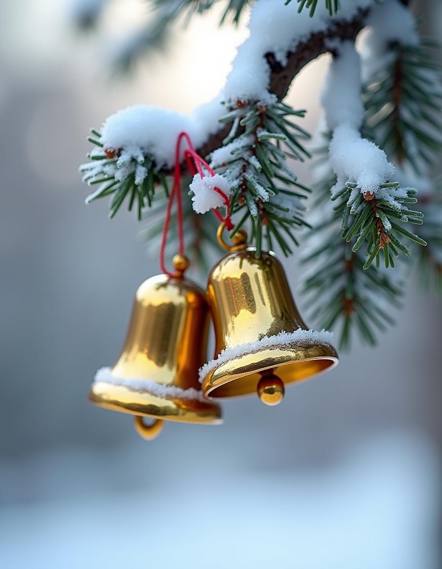 Golden bells hang from a snow-covered pine branch Golden bells hang from a snow-covered pine branch