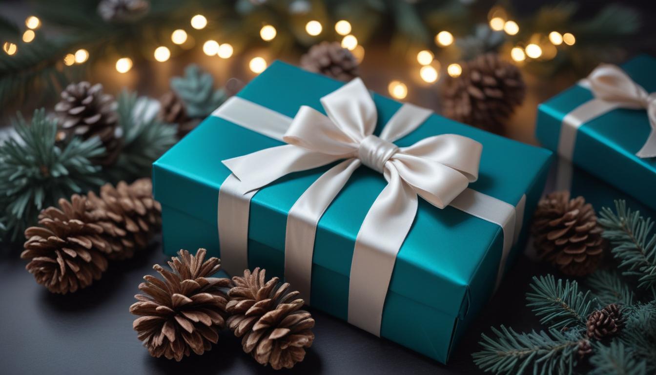 Teal gift box with bow amid pine cones and branches Teal gift box with bow amid pine cones and branches