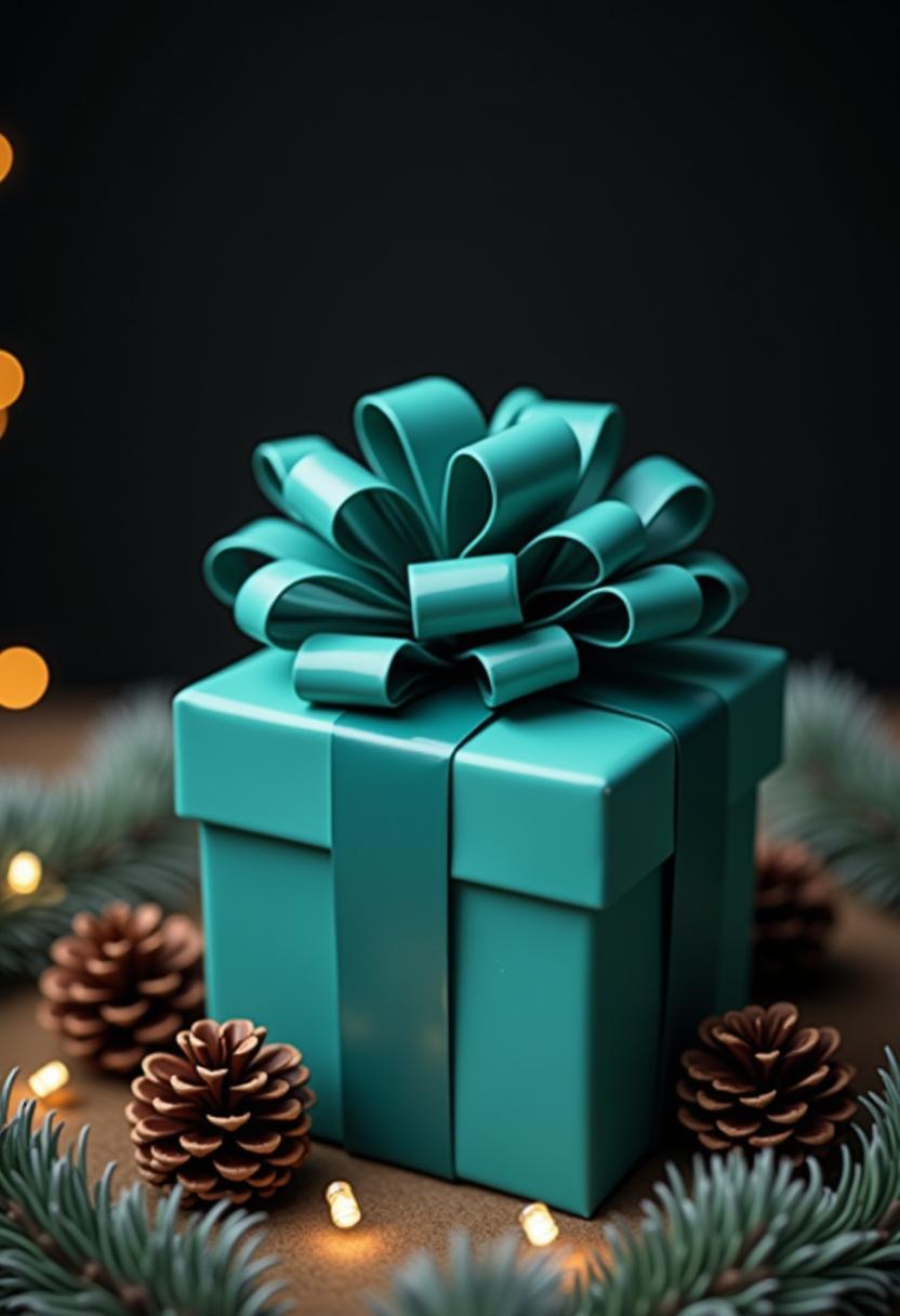 Teal gift box with a bow on a table with pine Teal gift box with a bow on a table with pine