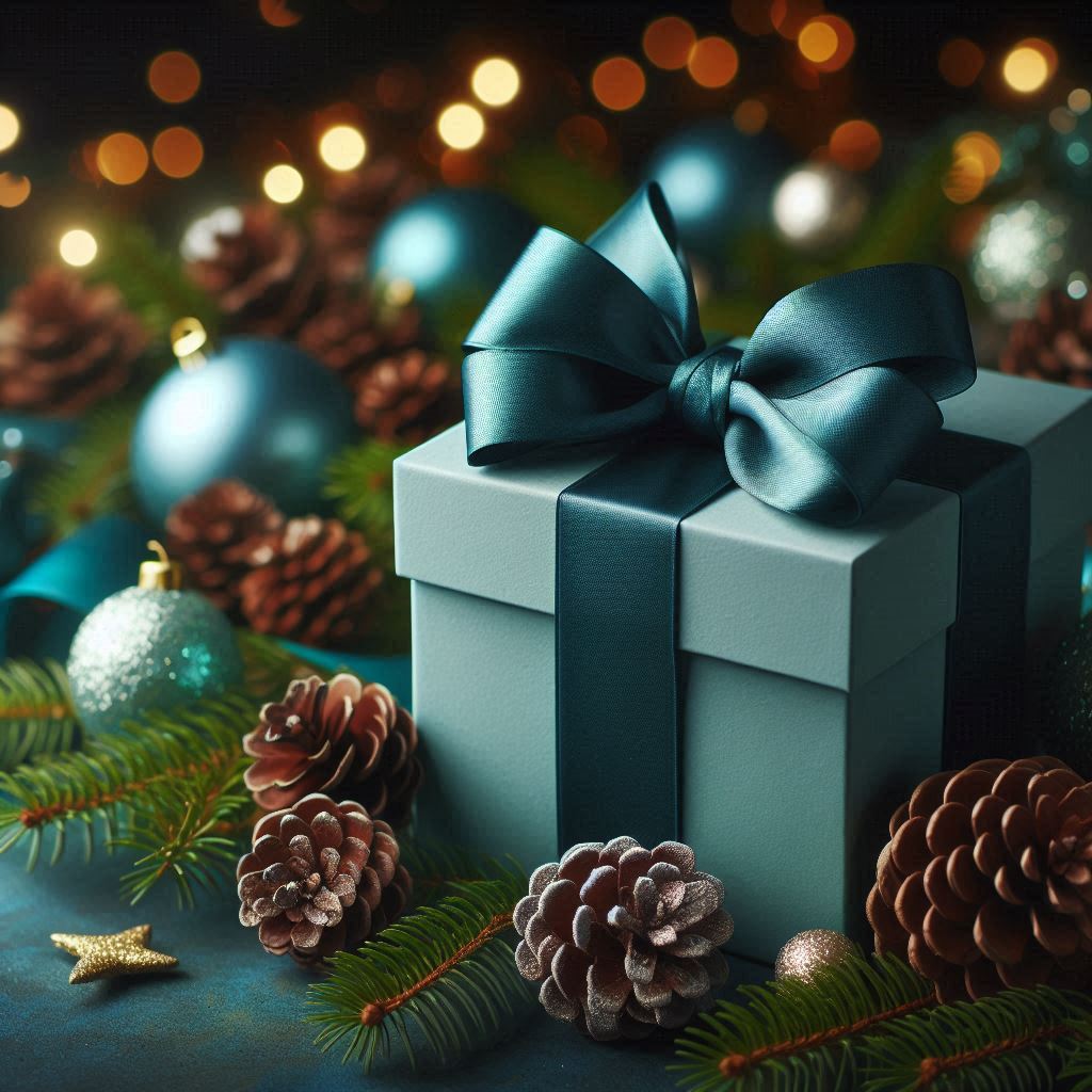 Teal gift box with satin bow, pine cones, ornaments Teal gift box with satin bow, pine cones, ornaments