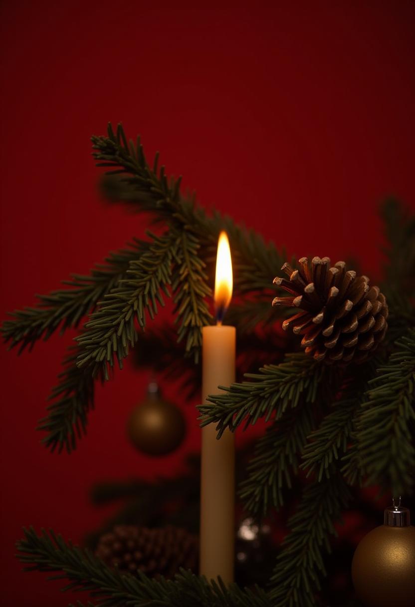 A single candle burns brightly on a christmas tree A single candle burns brightly on a christmas tree