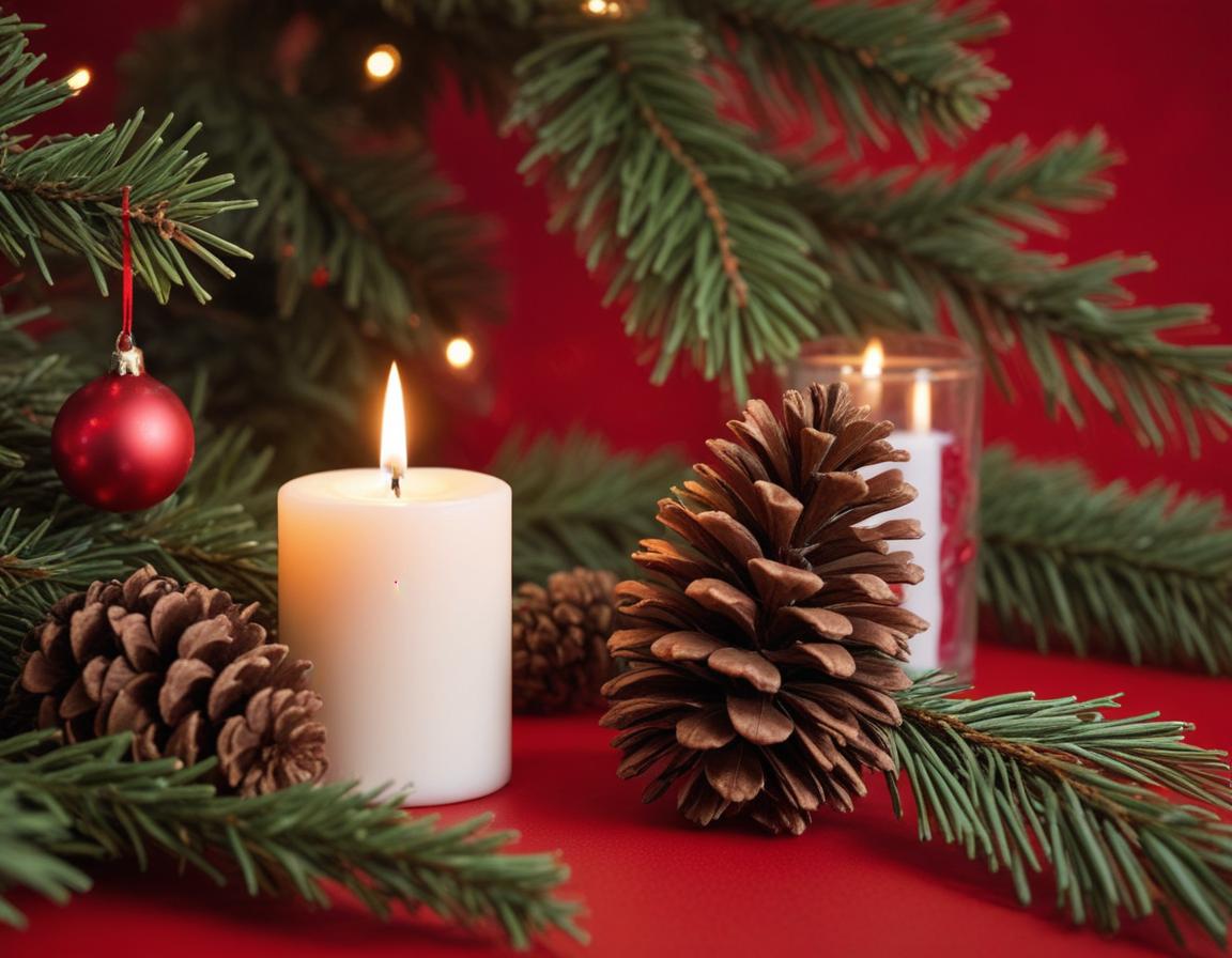 A lit candle sits among pine branches and pinecones A lit candle sits among pine branches and pinecones