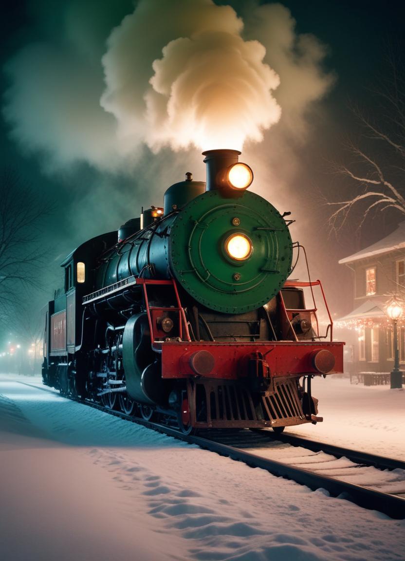 A steam engine train rolls through a snowy town at night A steam engine train rolls through a snowy town at night