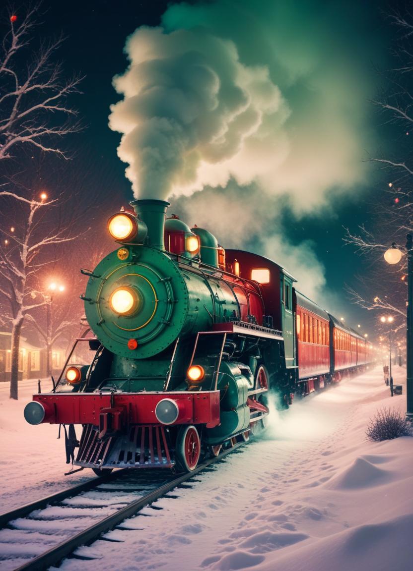 A steam engine train travels through a snowy town at night A steam engine train travels through a snowy town at night
