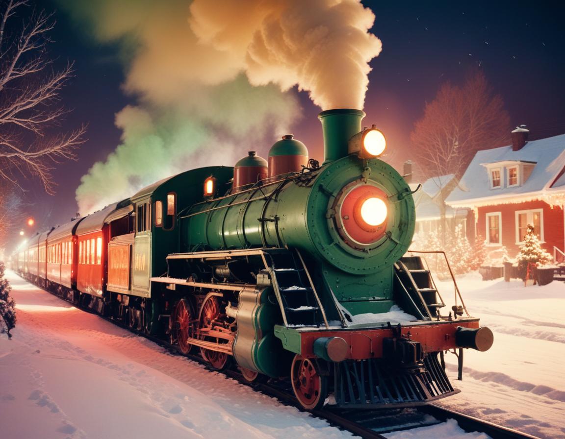 Green steam train moves through snowy town at night Green steam train moves through snowy town at night