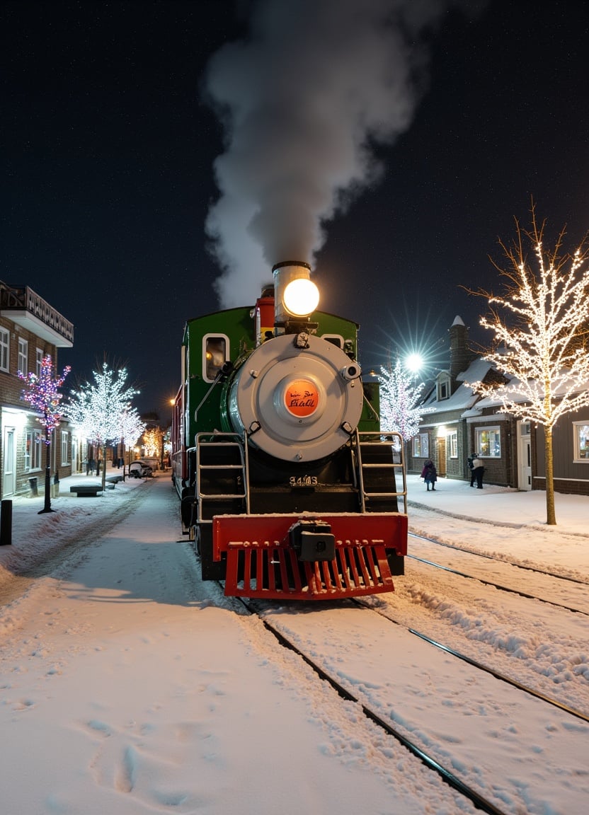 A steam engine rolls through a snowy town at night A steam engine rolls through a snowy town at night