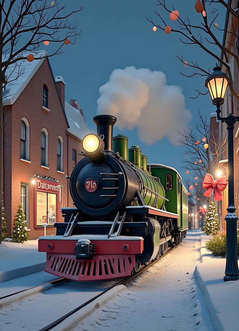 A steam train pulls into a snowy town at dusk A steam train pulls into a snowy town at dusk