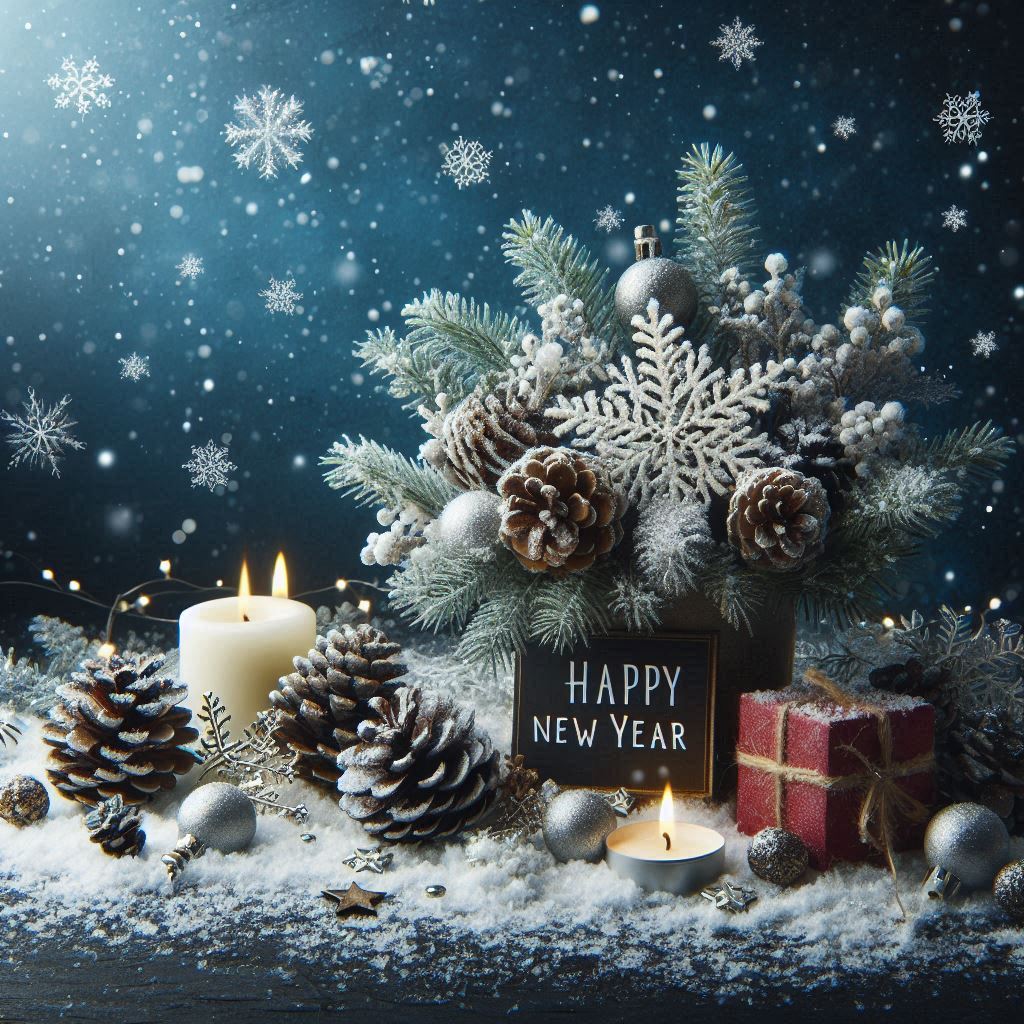 New year's decor with pine cones, candles, and signs New year's decor with pine cones, candles, and signs