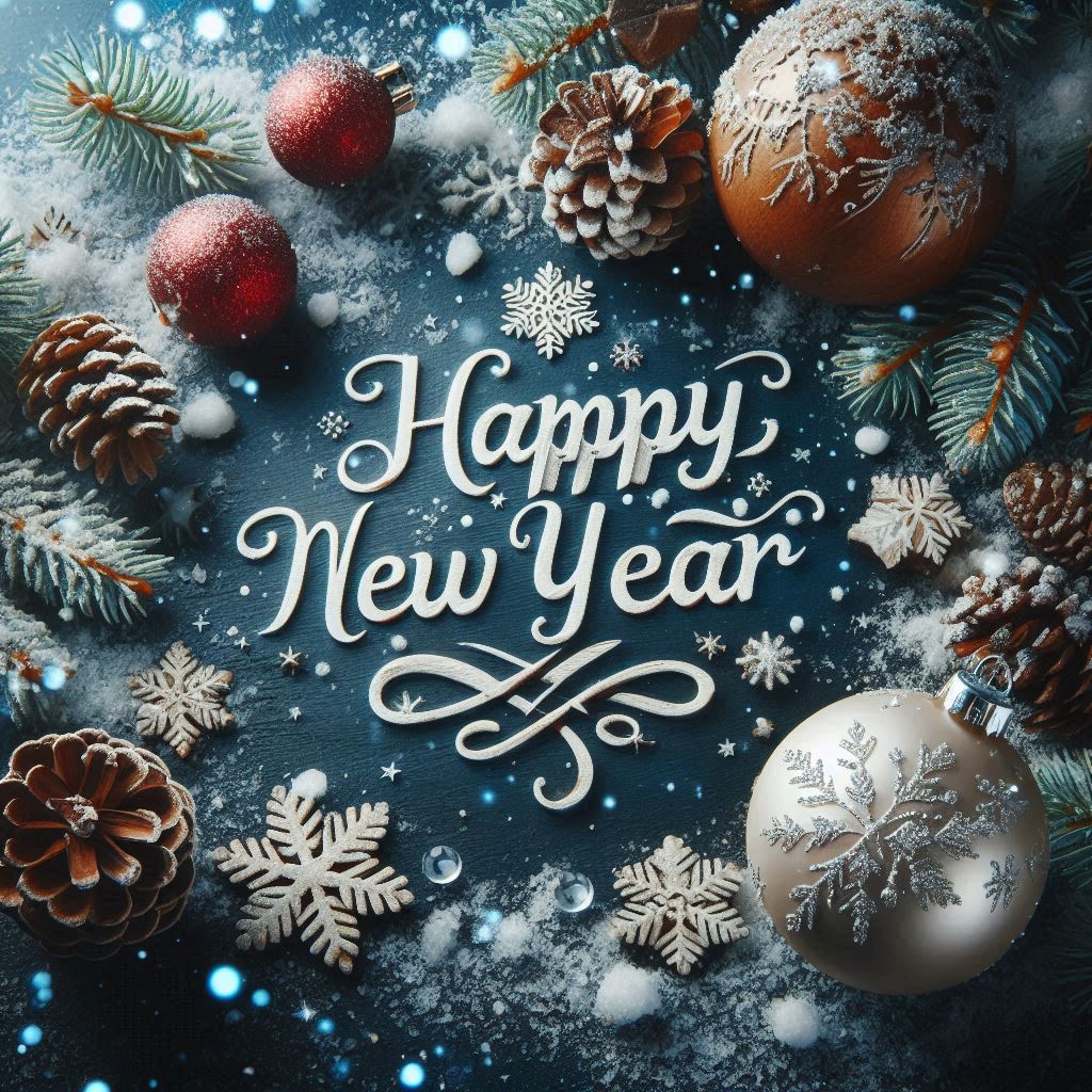 A snowy new year's greeting with pine cones and ornaments A snowy new year's greeting with pine cones and ornaments