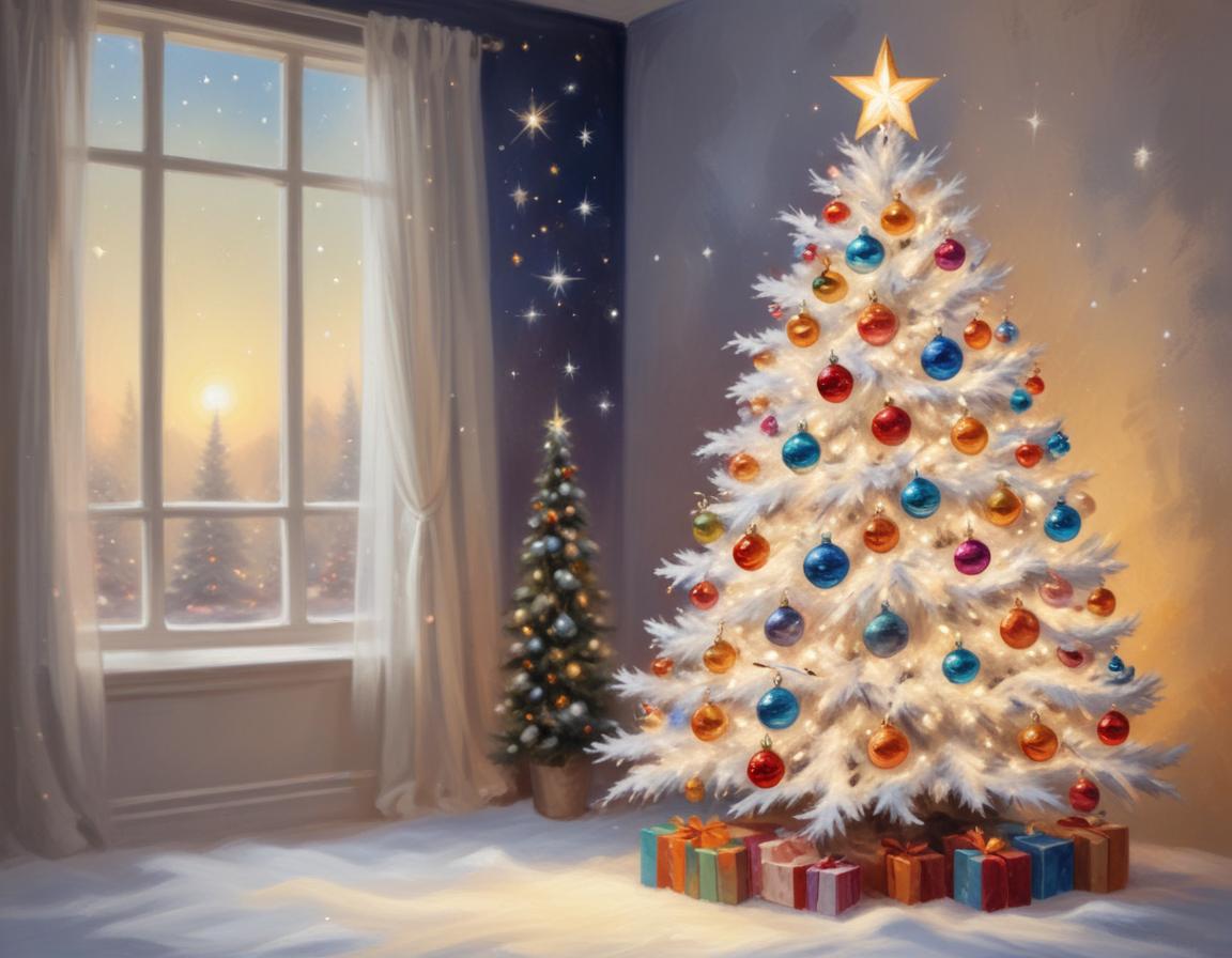 A white christmas tree stands in a room with a window view A white christmas tree stands in a room with a window view