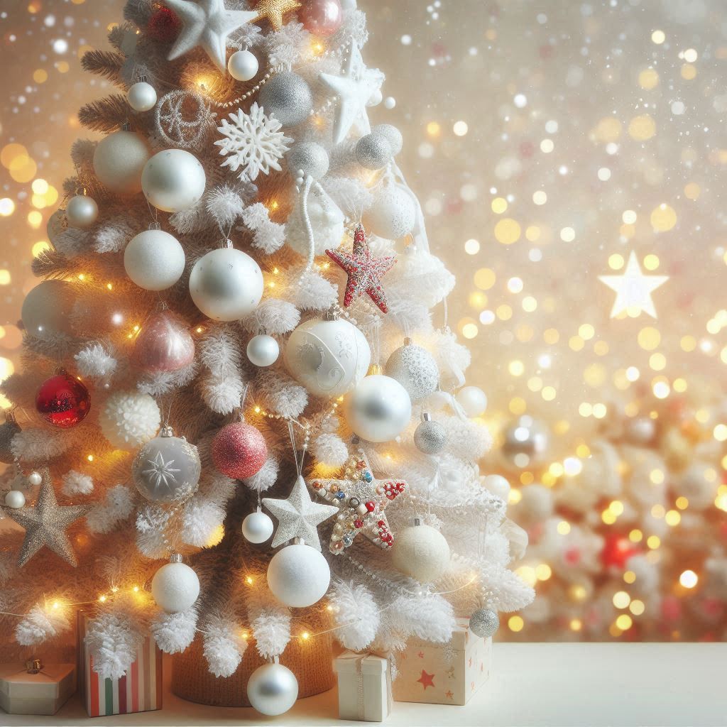 A white christmas tree with lights and ornaments A white christmas tree with lights and ornaments