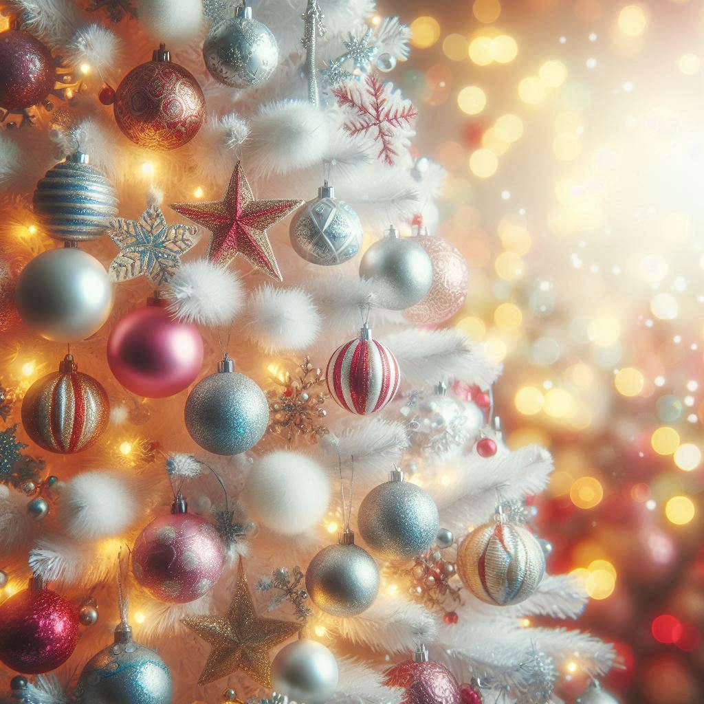 A white christmas tree adorned with ornaments and lights A white christmas tree adorned with ornaments and lights