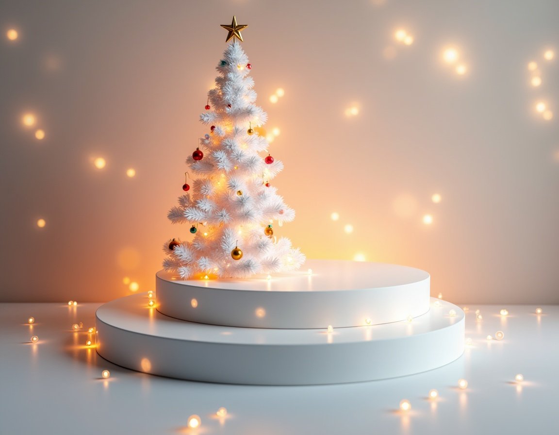 A white christmas tree sits on a platform with fairy lights A white christmas tree sits on a platform with fairy lights