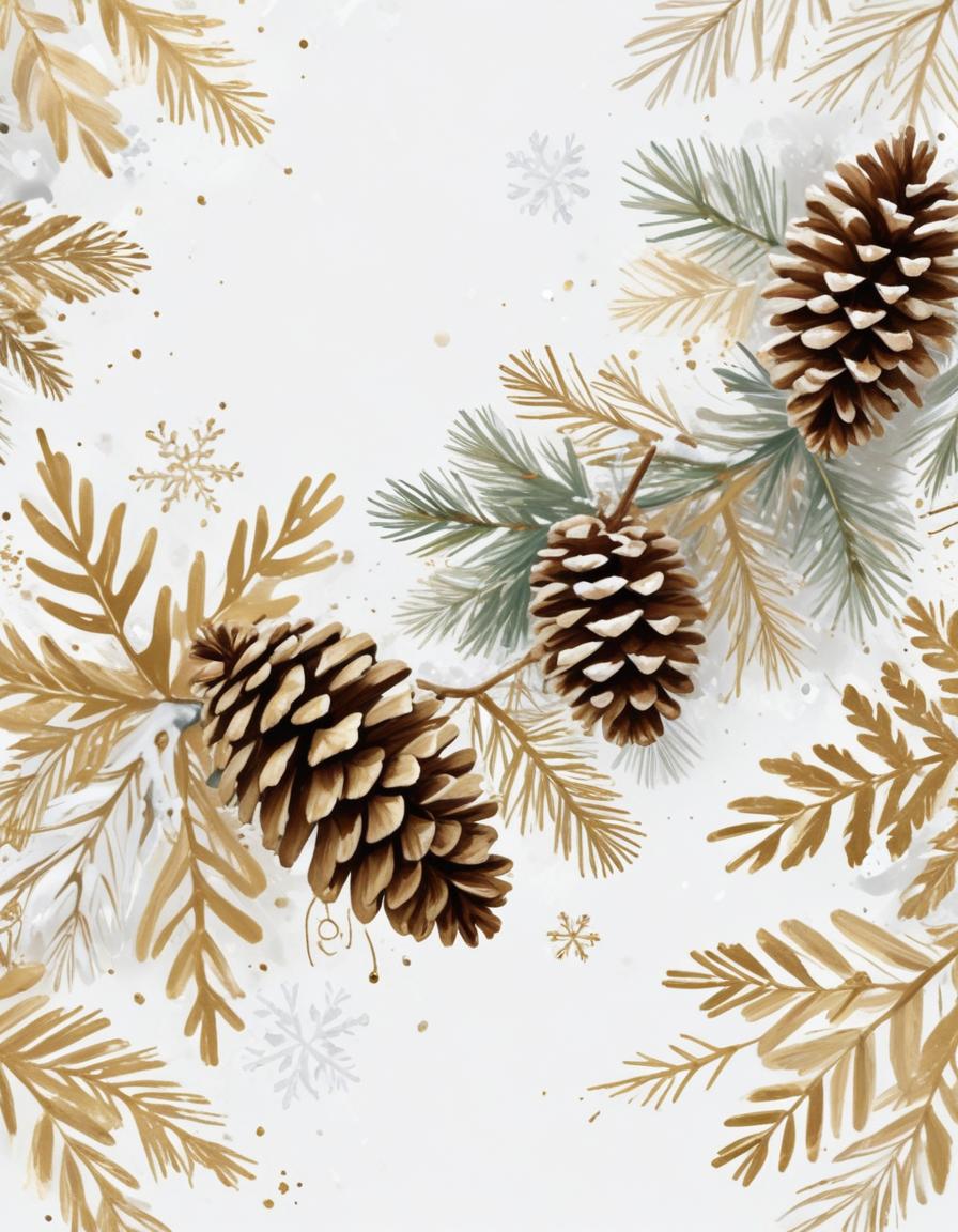 Pine cones and snowy branches on white Pine cones and snowy branches on white