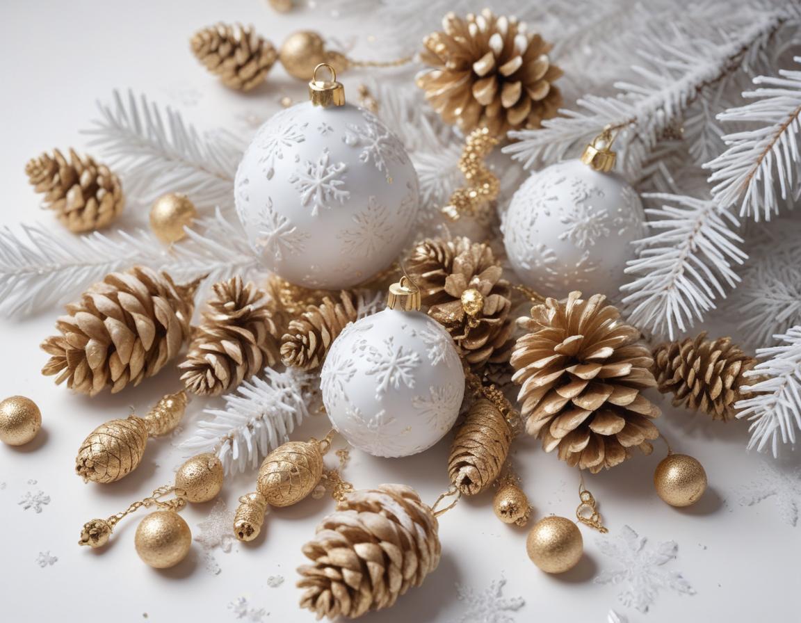 White christmas ornaments and gold pine cones White christmas ornaments and gold pine cones