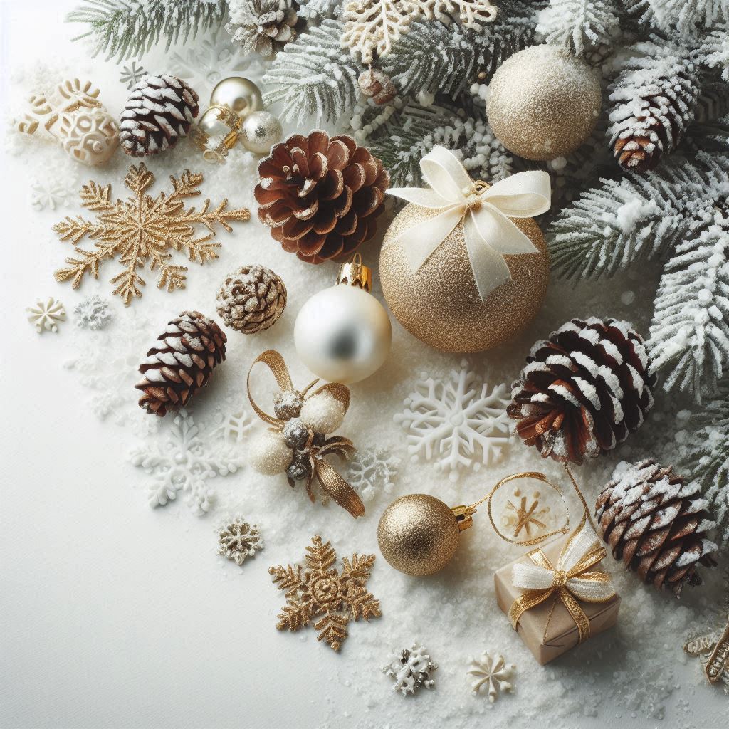 Gold and white christmas ornaments on snow Gold and white christmas ornaments on snow