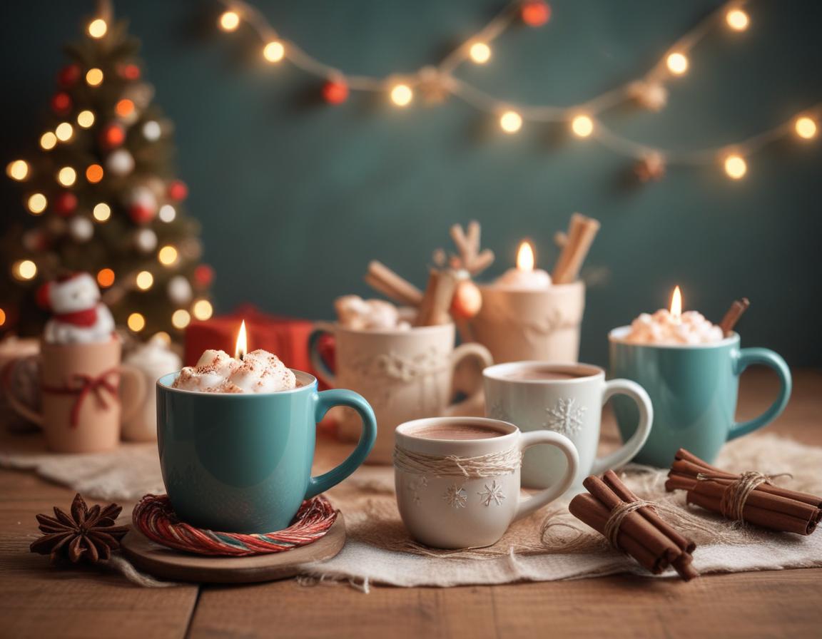 Cozy mugs with candles sit on a table near a christmas tree Cozy mugs with candles sit on a table near a christmas tree