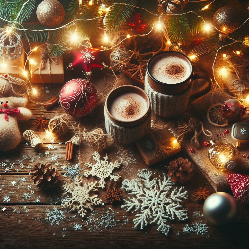 Cocoa mugs on a table with christmas decor Cocoa mugs on a table with christmas decor