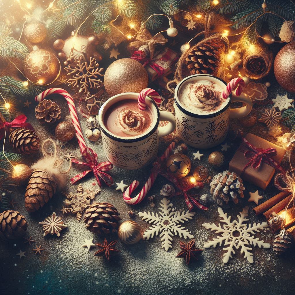 Two festive mugs of hot chocolate with candy canes Two festive mugs of hot chocolate with candy canes