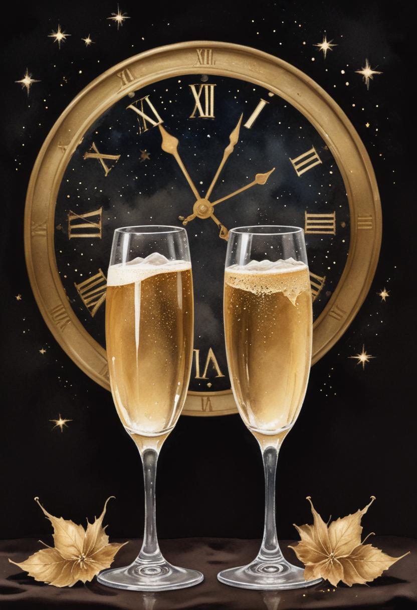 Two champagne glasses sit in front of a clock Two champagne glasses sit in front of a clock
