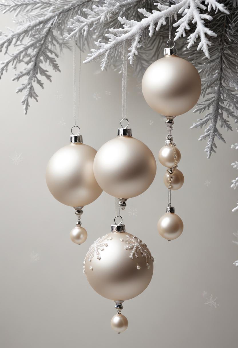 White christmas ornaments hang from a snowy branch White christmas ornaments hang from a snowy branch