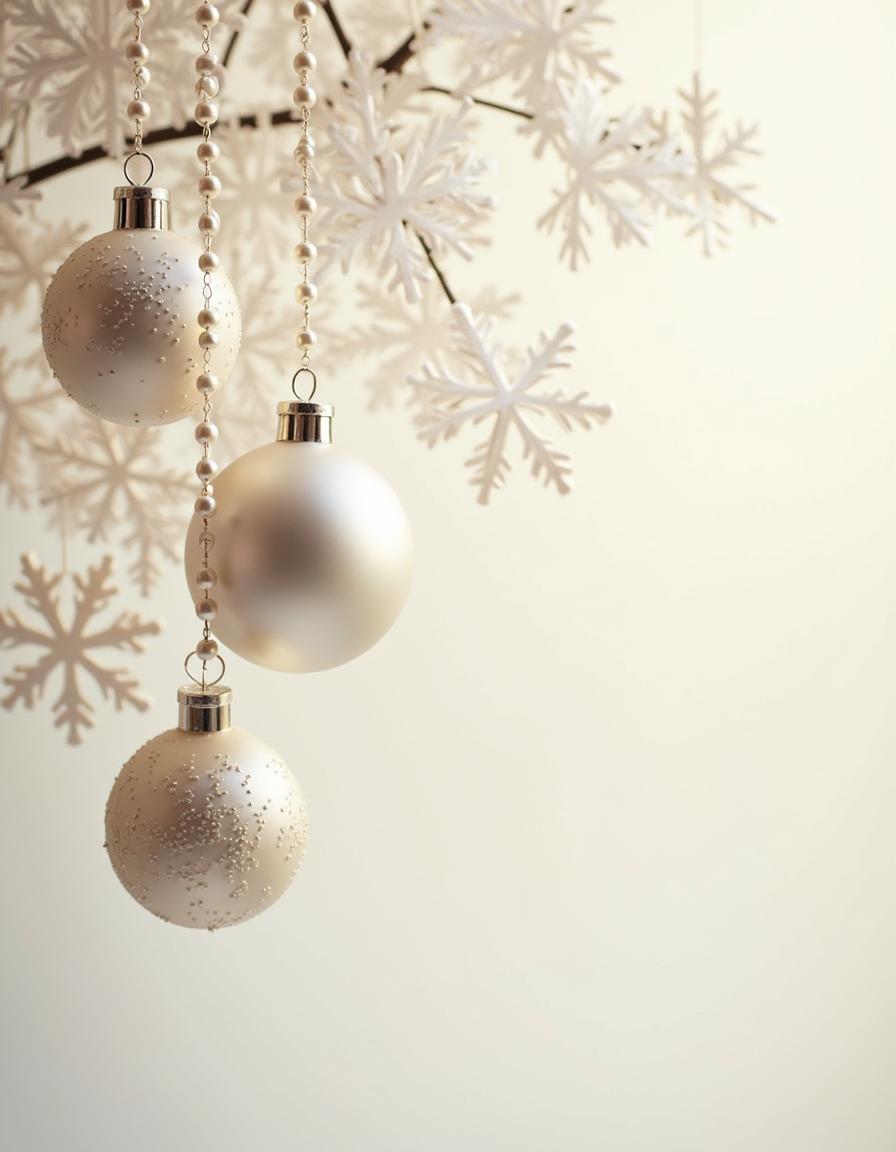 White ornaments hang from a branch with snowflakes White ornaments hang from a branch with snowflakes
