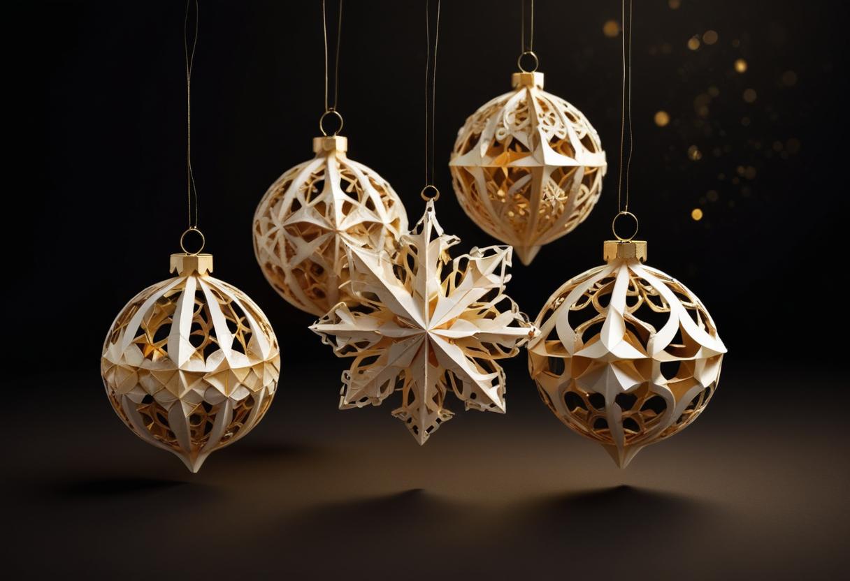 Four intricate christmas ornaments hang from strings Four intricate christmas ornaments hang from strings