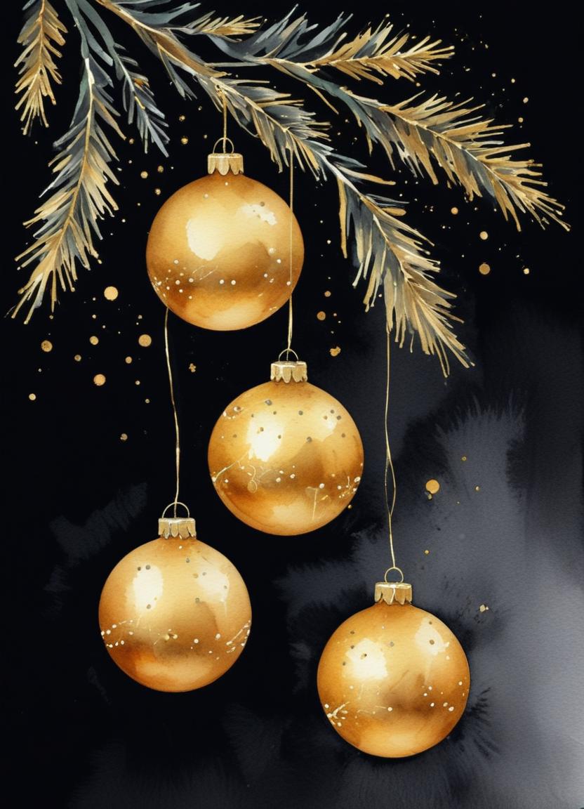 Four gold christmas ornaments hang from a pine branch Four gold christmas ornaments hang from a pine branch