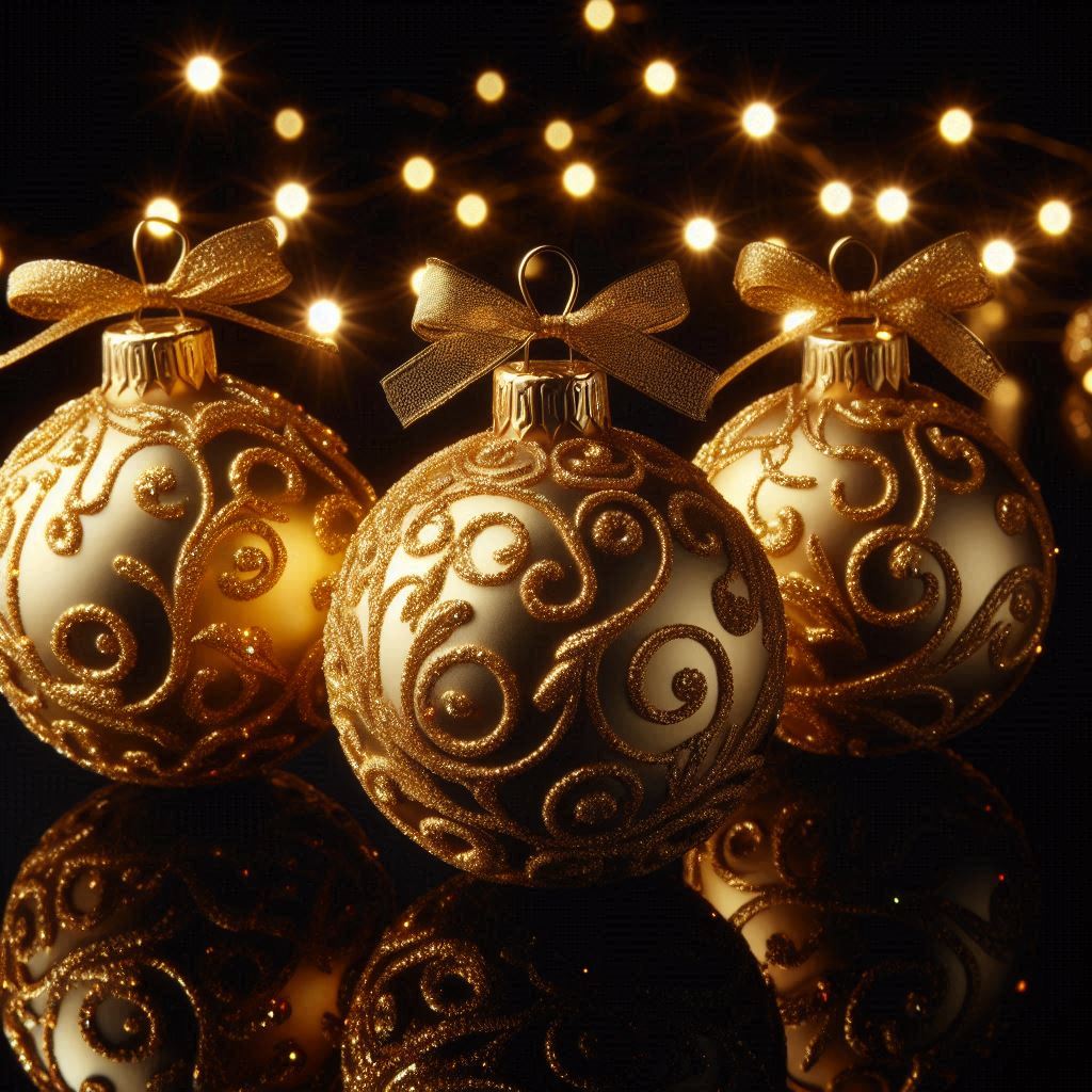 Golden ornaments with bows and lights Golden ornaments with bows and lights