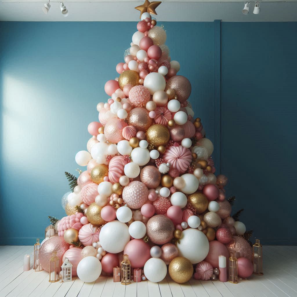 A pink and gold balloon tree by a blue wall A pink and gold balloon tree by a blue wall