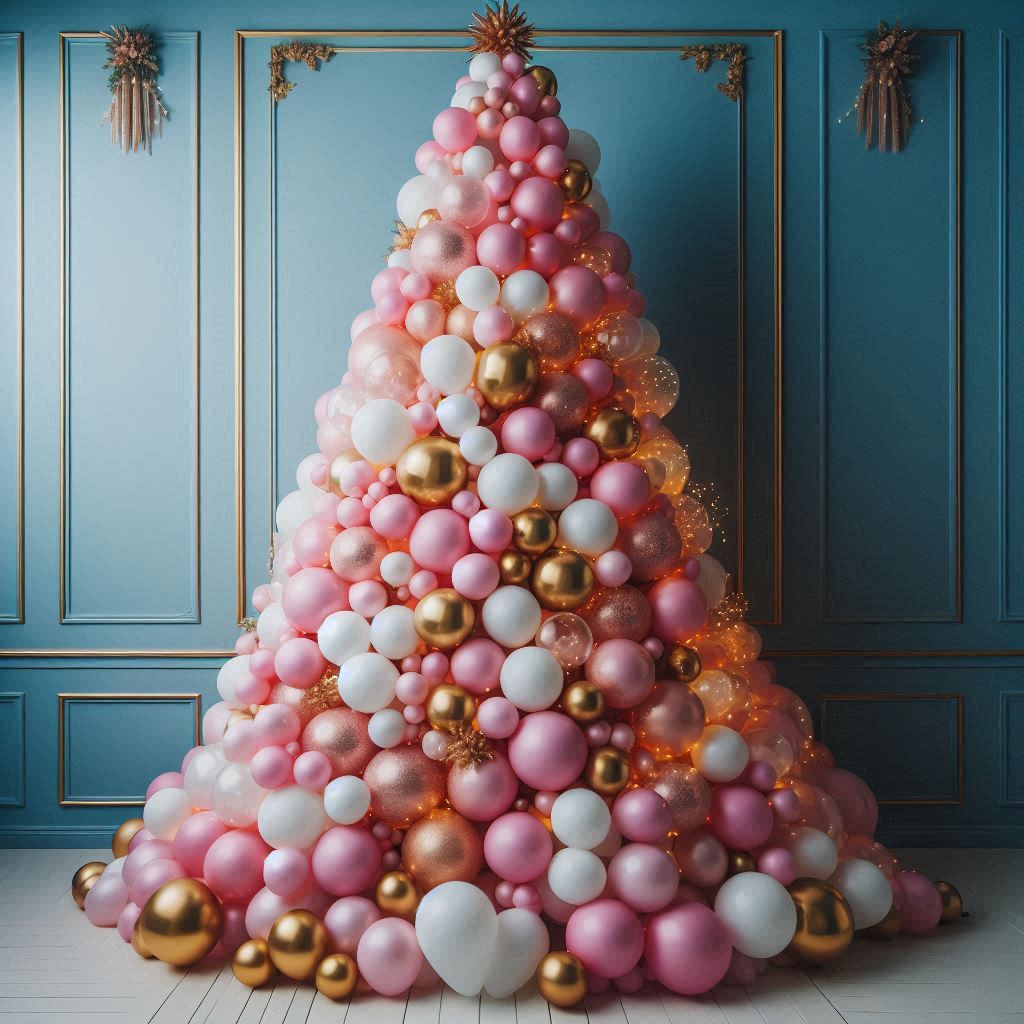 A pink and gold balloon christmas tree A pink and gold balloon christmas tree