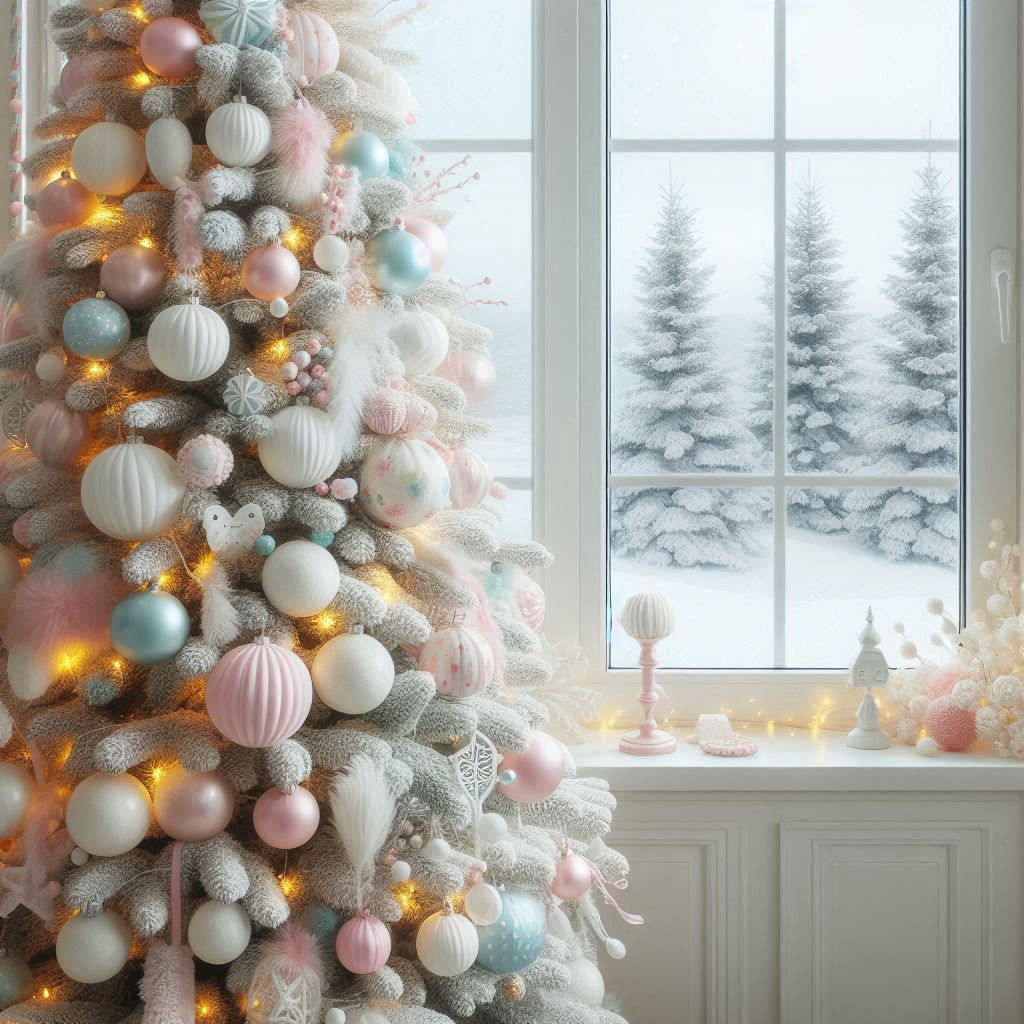 A snowy christmas tree with lights by the window A snowy christmas tree with lights by the window