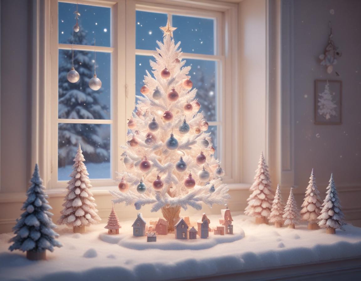 A white christmas tree by the window, adorned with lights A white christmas tree by the window, adorned with lights