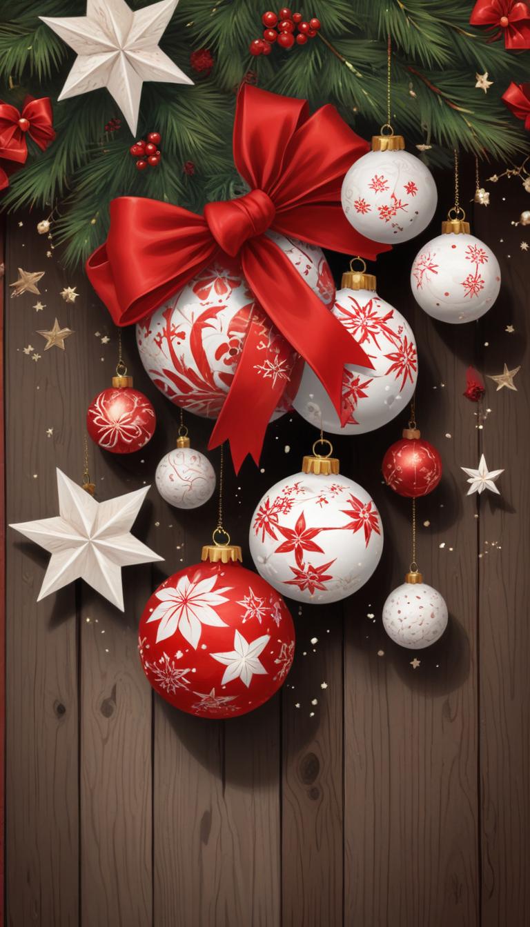 Red and white ornaments hang from a christmas tree branch Red and white ornaments hang from a christmas tree branch