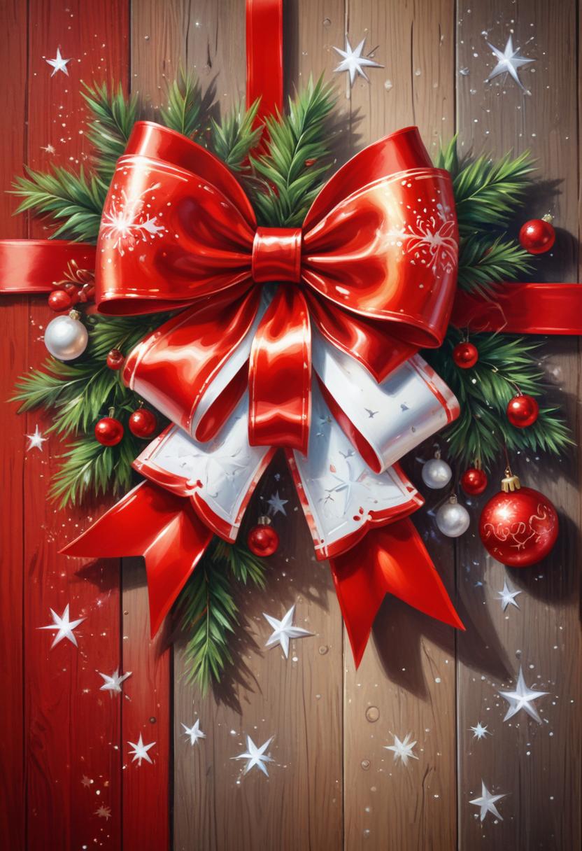 A red bow on a wooden door with evergreen branches A red bow on a wooden door with evergreen branches