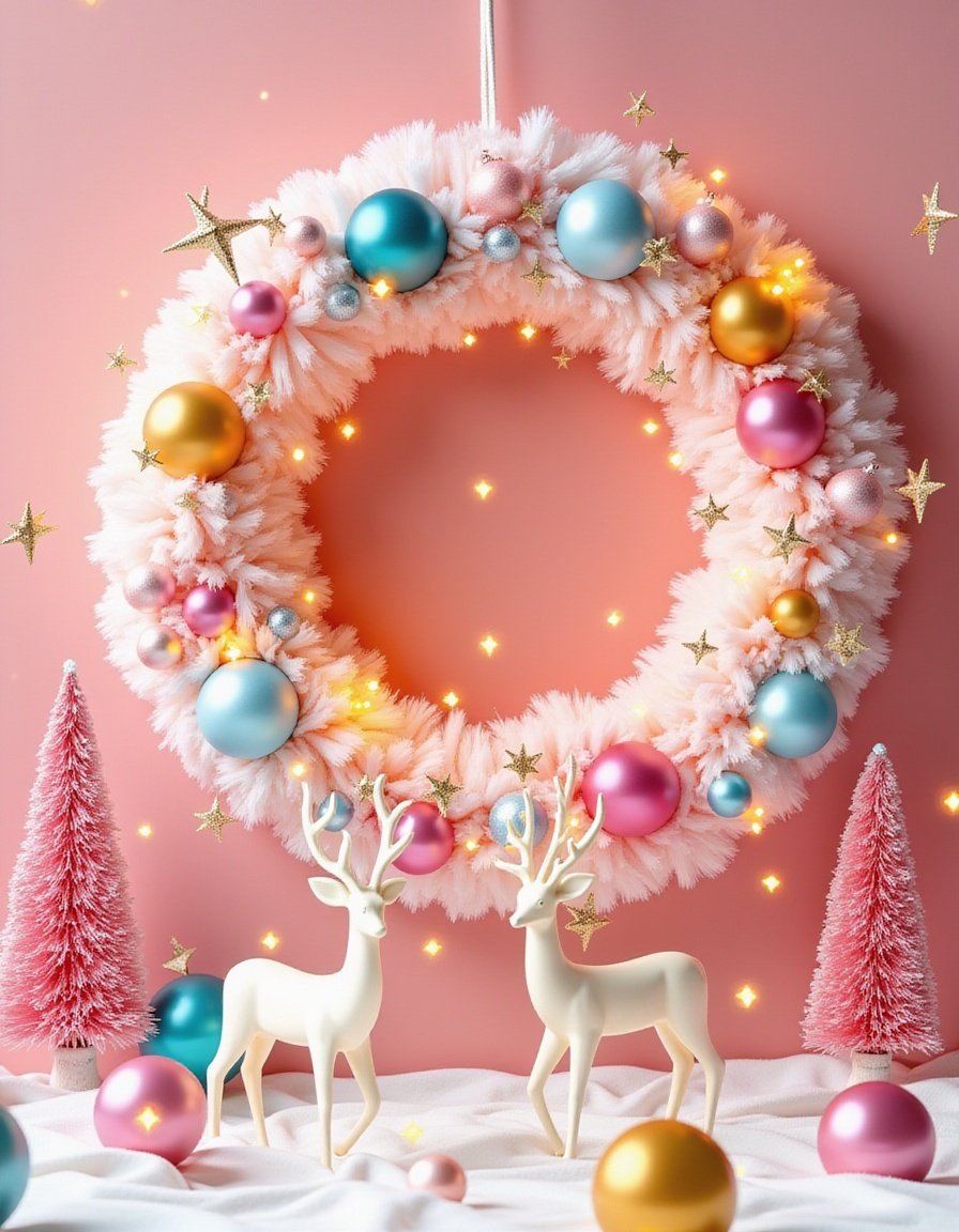 Pink wreath with ornaments hangs on a pink wall Pink wreath with ornaments hangs on a pink wall